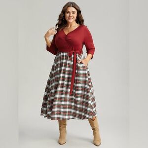 Elegant Red Plaid Midi Dress